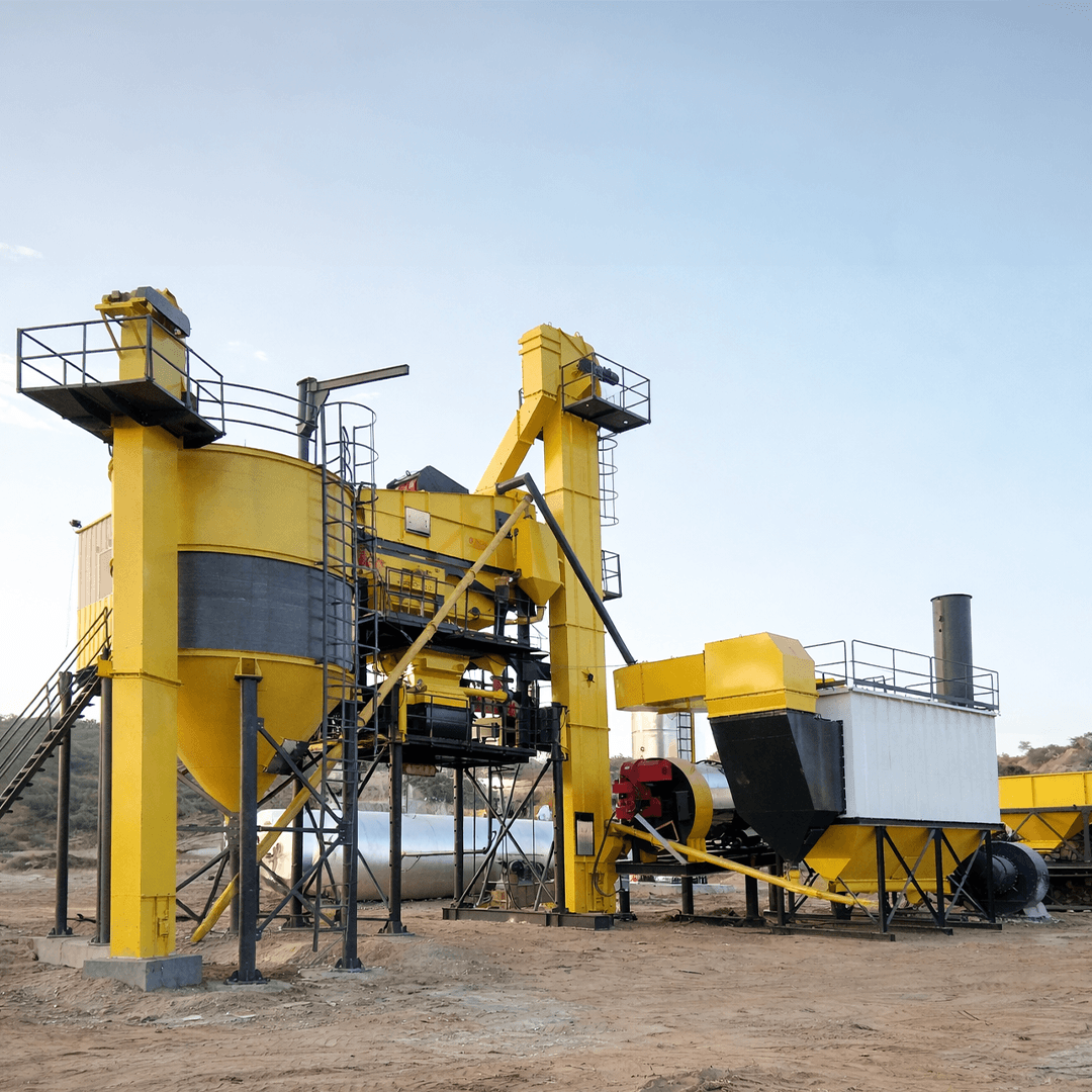 Portable asphalt plant setup at a construction site