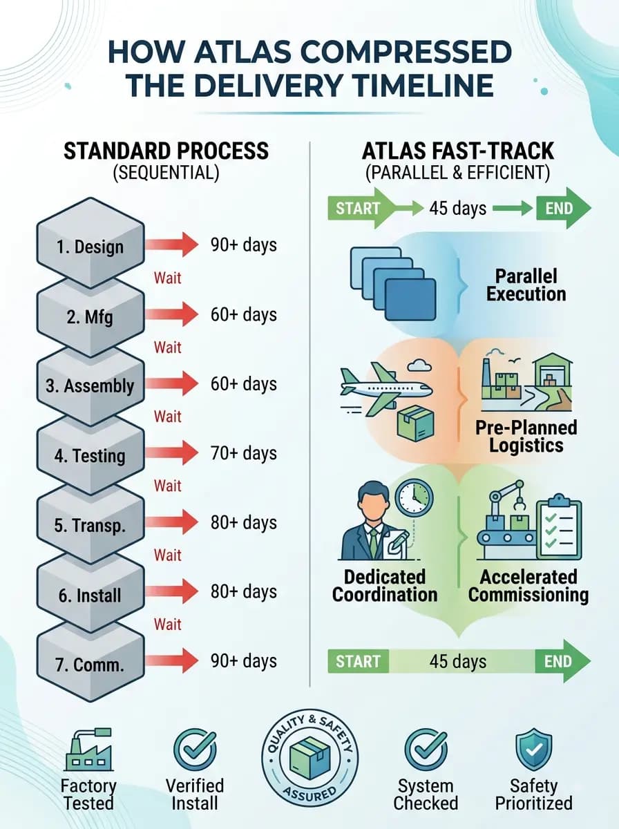 Infographic of Atlas 45-day fast-track delivery process for a 160 TPH asphalt batch mix plant